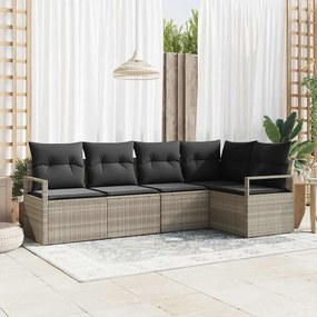 Conjunto de Sofá de Jardim de 5 Peças com Almofadas Cinza Claro Vime Sintético