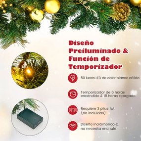 Grinalda de Natal Artificial 270 cm Pré-iluminada com Luzes LED Brancas Quentes para a Porta Principal, Escadas e Lareira Verde