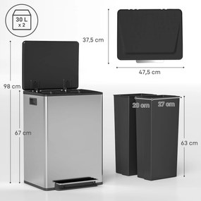 Caixote do lixo com dois compartimentos de 2 x 30 L, caixote do lixo de cozinha com pedal, tampa com fecho suave, 47,5 x 37,5 x 67 cm, prateado