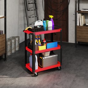 Carrinho de Ferramentas com 3 Prateleiras Rodas e Alças para Garagem Mecânica Casa Carga 120 kg Vermelho e Preto