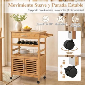 Carrinho de Cozinha com Rodas, 69 x 37 x 89 cm, Suporte para Garrafas de Vinho, Natural