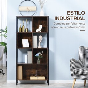 HOMCOM Estante Estilo Industrial de 4 Níveis Estante de Madeira com 7 Compartimentos para Sala de Estar Escritório Estúdio Anti-Tombo 74x30x155cm Marrom Rústico