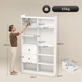 Estante para Livros Alta e Estreita com Painel Perfurado 2 Gavetas e 8 Compartimentos 120x30x200 cm Branco