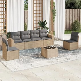7 pcs conjunto de sofás p/ jardim com almofadões vime PE bege