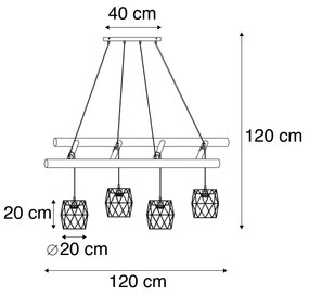 Candeeiro industrial suspenso preto madeira 4-luzes - MEDIENA Industrial,Rústico