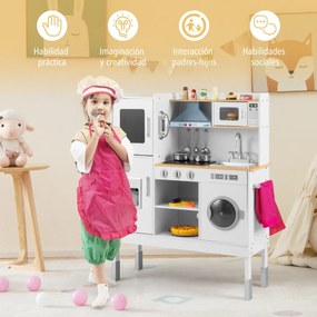 Cozinha brincar de madeira 83 x 29 x 103 cm para crianças a partir dos 3 anos com exaustor, máquina de gelo, telefone, 16 acessórios, sons e luzes rea