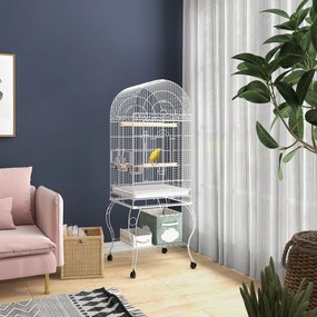 Gaiola para Pássaros com Rodas Bandeja Amovível Prateleira 2 Comedouros de Aço Inoxidável e Poleiro 51x51x153 cm Branco