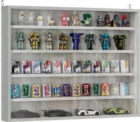 Vitrine de parede para objetos de coleção com 4 prateleiras reguláveis em altura e 2 portas de correr 80 x 9,5 x 60 cm cinzenta