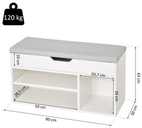 Sapateira com Assento Acolchoado Carga máxima de 120kg MDF 80x30x43cm Branco