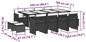 13 pcs conj. jantar jardim c/ almofadões vime PE cinzento-claro