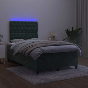 Cama box spring c/ colchão/LED 120x200 cm veludo verde-escuro