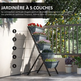 Floreira elevada com andares; floreira vertical com 5 vasos para flores, orifícios de drenagem e estrutura em aço cinzento