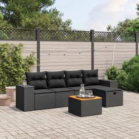 6 pcs conjunto sofás de jardim c/ almofadões vime PE preto