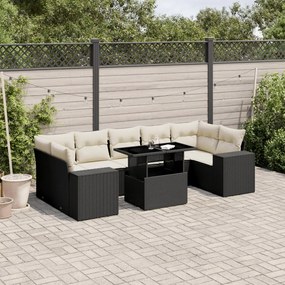 8 pcs conjunto sofás de jardim com almofadões vime PE preto