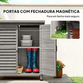 Armário de Armazenamento de Madeira para Jardim com 2 Prateleiras Interiores 2 Portas e Teto Inclinado para Exterior Terraço 87x46,5x96,5cm Cinza