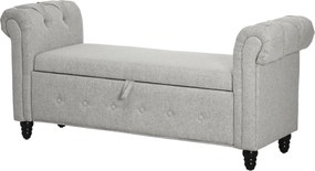 Banco com baú 2 em 1 em tecido com aspeto de linho e pés de madeira 146,5 x 49 x 72 cm cinzento