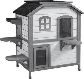 PawHut Casa para gatos Abrigo para gatos Toca para gatos, 2 andares, resistente às intempéries, 99,5 cm x 76 cm x 91 cm, Branco + Cinza | Aosom Portugal
