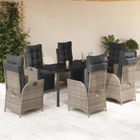 7 pcs conjunto de jantar p/ jardim c/ almofadões vime PE cinza