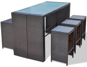 7 pcs conjunto bar para jardim c/ almofadões vime PE castanho