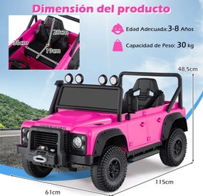 Jipe Land Rover Defender elétrico infantil 12V com comando à distância, suspensão completa, faróis e música para idades entre 3 e 8 anos, Rosa