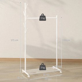 Guarda Roupa com Rodas 5 Ganchos Barra para Pendurar e Prateleira Inferior 86x43x171 cm Branco