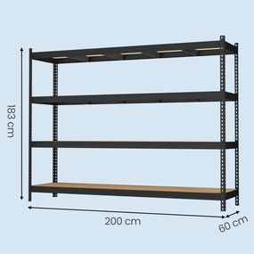 Estante de chão com 4 prateleiras, 60 x 200 x 183 cm, garagem, arrumos Preta