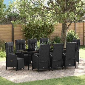 vidaXL Conjunto de Jantar de Jardim com Almofadas Pretas de Rattan Poliéster
