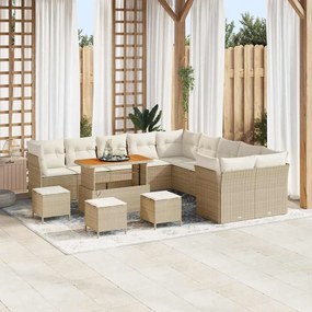 vidaXL Conjunto de Sofá de Jardim com 14 Peças e Almofadas de Rattan Poliéster Beijinhas e Acácia.