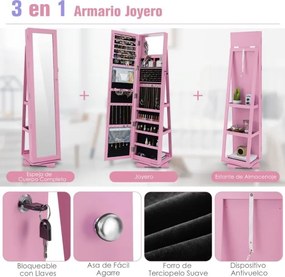 Espelho giratório 360° para joias com espelho de corpo inteiro Organizador de joias com espelho para maquilhagem 39 x 39 x 161 cm Rosa