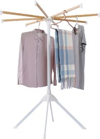 Estendal de roupa com 4 pés dobrável com 8 barras de bambu 40 ranhuras para cabides e estrutura metálica resistente Natural