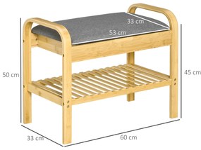HOMCOM Banco Sapateiro de Bambú Banco para Sapatos com Prateleira Almofada Acolchoada Abatível e Espaço Oculto de Armazenamento para Entrada Corredor 60x33x50cm Natural