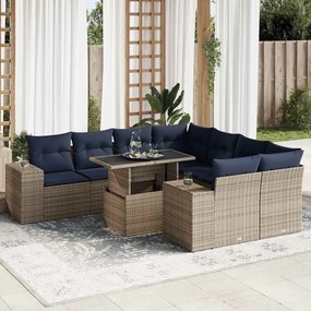 9 pcs conjunto sofás jardim almofadões vime PE/acácia cinzento
