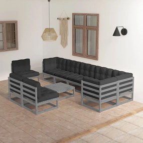 10 pcs conjunto lounge de jardim c/ almofadões pinho maciço