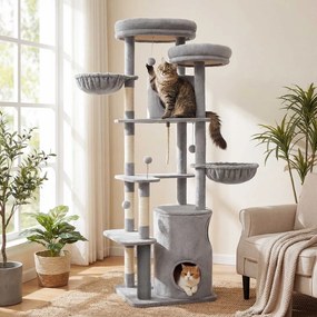 Arranhador para gatos 55 x 60 x 196 cm, árvore com vários níveis, com plataformas cinzento claro