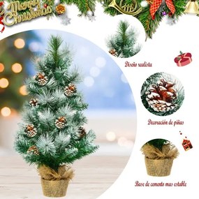 Árvore de Natal 60 cm efeito neve com pinhas decorativas, base estável em cimento e linho, decoração para interiores e secretárias Verde