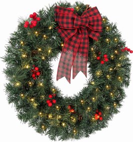 HOMCOM Guirlanda de Natal 60 cm com Luzes LED 8 Modos, Laço, 140 Ramos, Pinhas e Bagas, Coroa de Natal, Verde | Aosom Portugal
