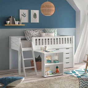 Conjunto cama Infantil SCOTT + Secretária + cómoda de 4 gavetas Branca