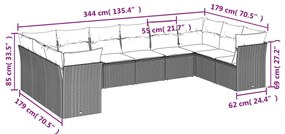 10 pcs conjunto sofás de jardim c/ almofadões vime PE cinzento