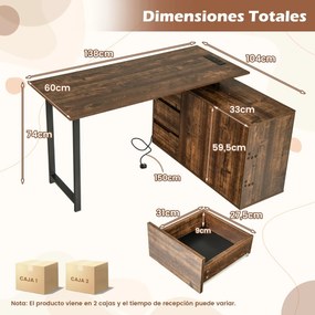 Secretária em forma de L com arquivo e tomada elétrica de canto reversível de 138 cm com 3 gavetas Mesa castanha