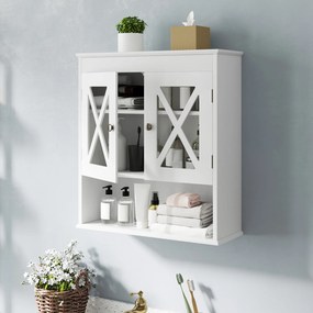 Armário de parede de casa de banho 54 × 20 × 60 cm com prateleira ajustável Prateleira aberta com 2 portas transparentes Branco