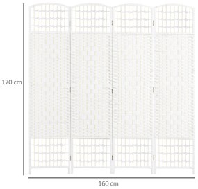 Biombo de 4 Painéis Dobrável Separador de Ambientes de Corda de Papel e Estrutura de Madeira 60x170 cm Branco