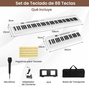 Teclado de piano elétrico dobrável com 88 teclas, tamanho normal, semi-pesado e portátil com MIDI 128 x 23 x 6 cm Branco