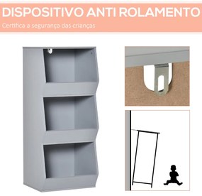 Estante Infantil de Madeira para Crianças com 3 Prateleiras de Armazenamento para Brinquedos Livros 38x34,5x90cm Cinza