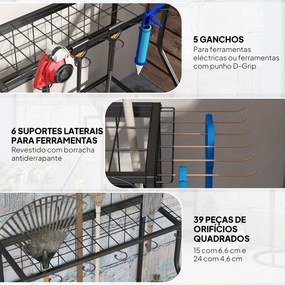 Organizador de Ferramentas de Jardim de 3 Níveis para Garagem com Ganchos para Pás Ancinhos Vassouras 84x53x73 cm Preto