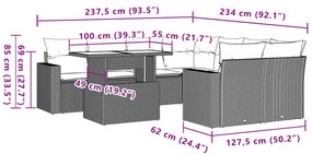 9 pcs conjunto sofás p/ jardim c/ almofadões vime PE castanho