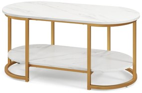 Mesa de centro em mármore de 2 níveis para sala de estar e quarto 100 x 50 x 45 cm Branco e dourado