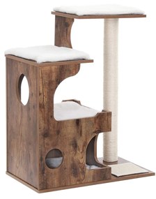 FEANDREA Árvore para gatos de 86 cm, torre média para gatos com 3 camas e caverna, condomínio para gatos feito de MDF com folheado de madeira, poste de sisal e pele sintética lavável, vintage, marrom rústico e branco PCT70HW