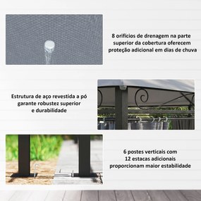 Pérgola para Jardim 3x4 m Pérgola de Exterior com Telhado Duplo 6 Paredes Laterais Estrutura Metálica  Cinzento Escuro