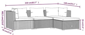 4 pcs conjunto lounge jardim c/ almofadões vime PE castanho