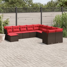 vidaXL 11 pcs conjunto sofás de jardim c/ almofadões vime PE castanho